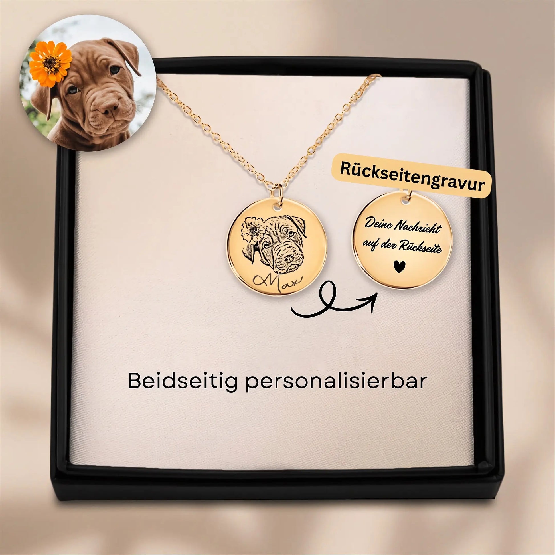 Personalisierte Halskette mit Hundeportrait mit Gravur auf der Rückseite
