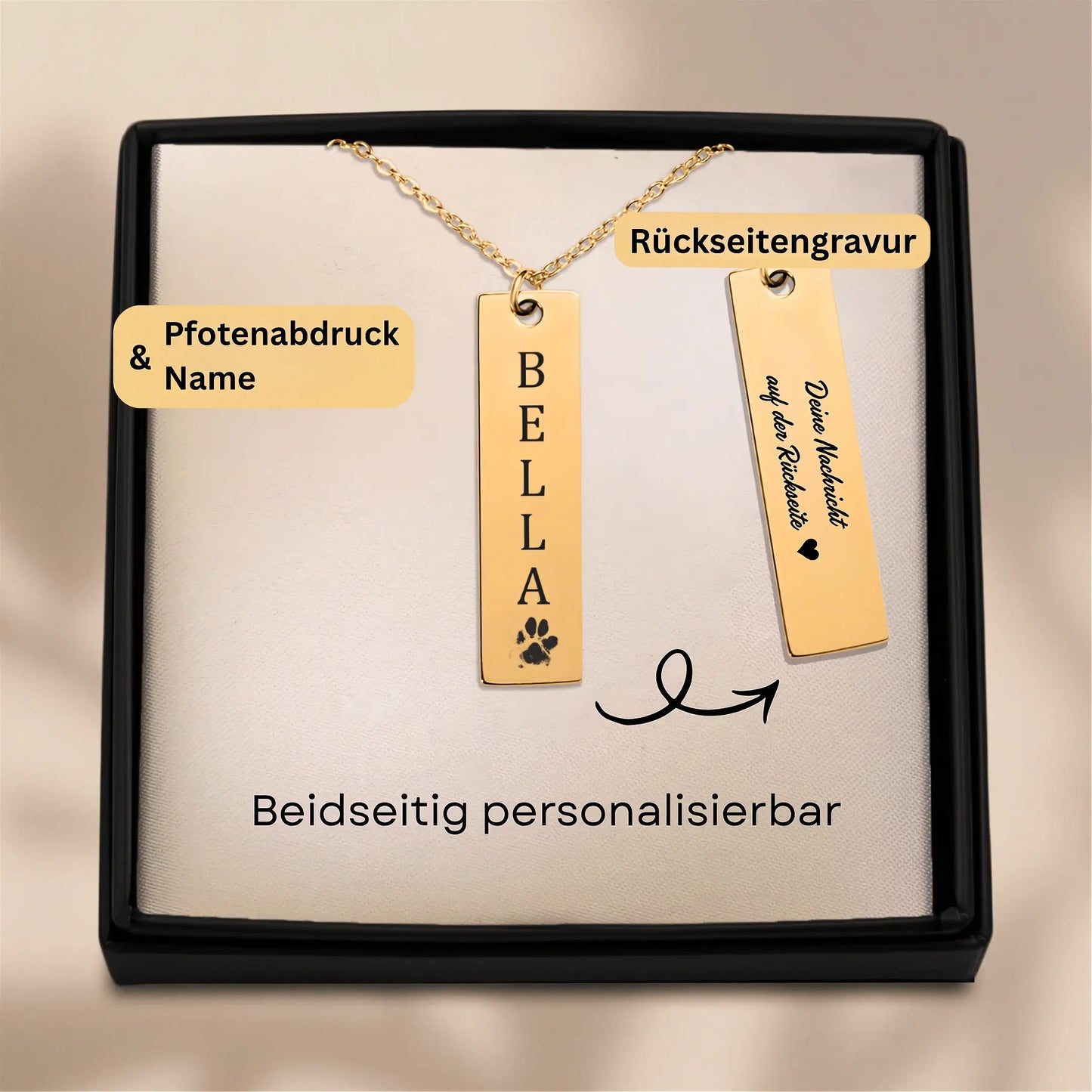 Halskette mit Pfotenabdruck und Namen mit Rueckseitengravur